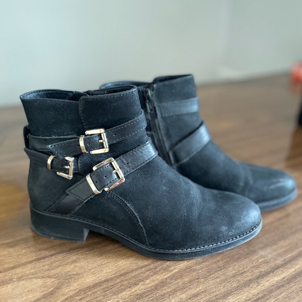 Dune London Black Suede Boots with Gold Buckles - Size 9.5